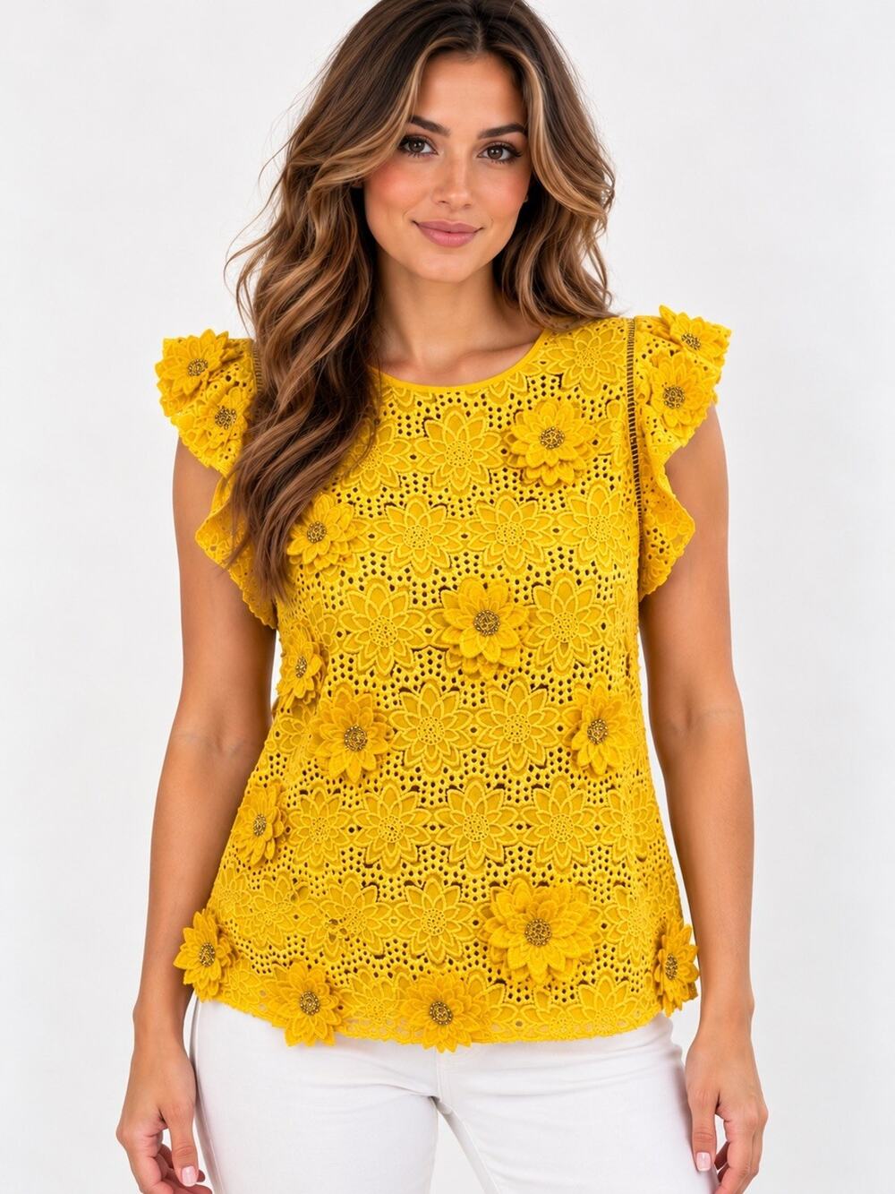 MICHAEL Michael Kors Women’s M Yellow Silk Eyelet Floral 3D Applique Top